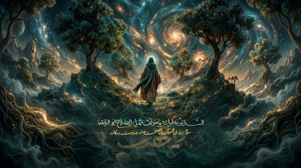 تصویر مفهومی شخصیت نورانی با عبای سبز در میان طبیعت و کهکشان همراه با خوشنویسی فرازی از دعای ندبه