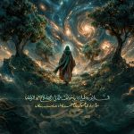 تصویر مفهومی شخصیت نورانی با عبای سبز در میان طبیعت و کهکشان همراه با خوشنویسی فرازی از دعای ندبه