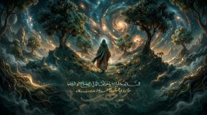 تصویر مفهومی شخصیت نورانی با عبای سبز در میان طبیعت و کهکشان همراه با خوشنویسی فرازی از دعای ندبه