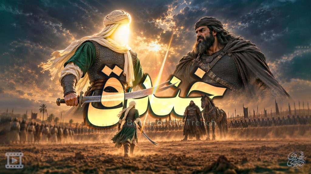 صحنه‌ای نمادین از نبرد خندق با دو جنگجوی شمشیر به دست در میدان نبرد