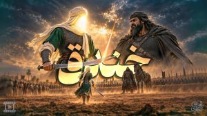 صحنه‌ای نمادین از نبرد خندق با دو جنگجوی شمشیر به دست در میدان نبرد
